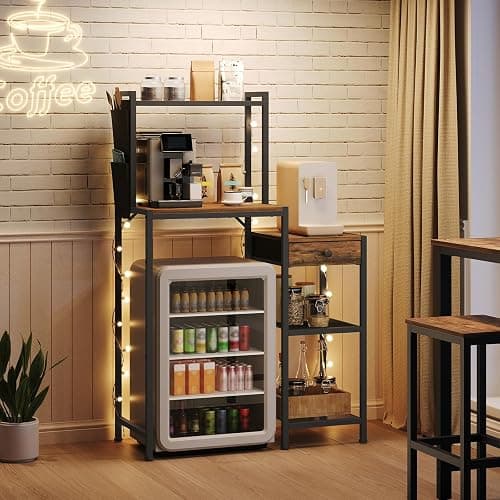 MAHANCRIS Mini Fridge Stand, Bakers Rack with Storage, 6-Tier Mini Fridge Cabinet, Coffee Bar Station with 1 Drawer, Microwave Stand for Kitchen, Dining Room, Rustic Brown and Black RSHR5401 - Image 1