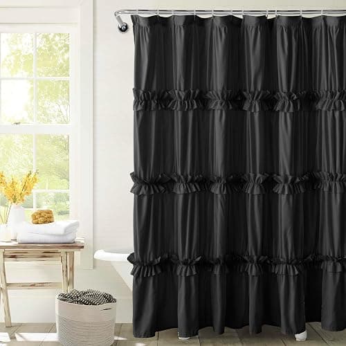 BRHF Farmhouse Ruffle Shower Curtain with Handmade Ruched, Vintage Ruffled Fabric Bathroom Curtains, Decorative Elegant Bathroom Curtain with 12 Holes, Black, 72" W x 72" H(N60049) - Image 1