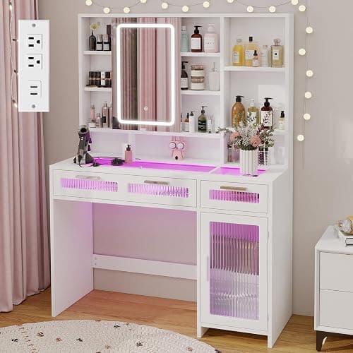 Hadulcet White Vanity Desk with Mirror and Lights, 43" Makeup Vanity Desk with Glass Top, Power Outlets, 2 Drawers, 10 Shelves & Acrylic Cabinet, LED Vanity Table for Girls Women Gift - Image 1