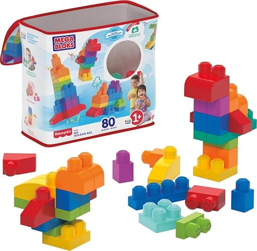 MEGA BLOKS First Builders Toddler Blocks Toys Set, Big Building Bag with 80 Pieces and Storage, Blue, Ages 1+ Years - Image 1