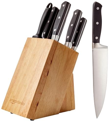 Amazon Basics 9 Pieces Premium High-Carbon Stainless-Steel Blades with Pine Wood Knife Block Set, Kitchen, Black - Image 1