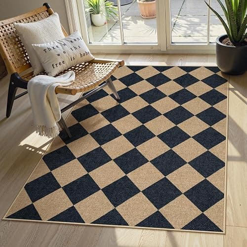 Lahome Colette Checkered Easy Jute 3x5 Outdoor Patio Rug, Washable Rugs for Entryway Diamond Indoor Outdoor Living Room Carpet, Farmhouse Neutral Non Slip Black Door Carpet for Backyard Bedroom - Image 1