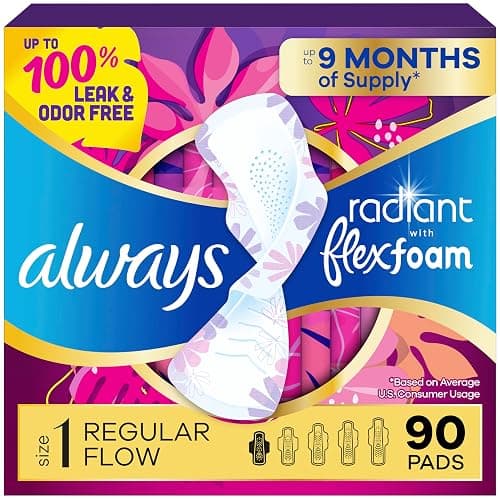 Always Radiant Feminine Pads for Women, Flexfoam Pads with Wings, Size 1, Regular Absorbency, Lightly Scented, 90 Count (3 Packs of 30) - Image 1