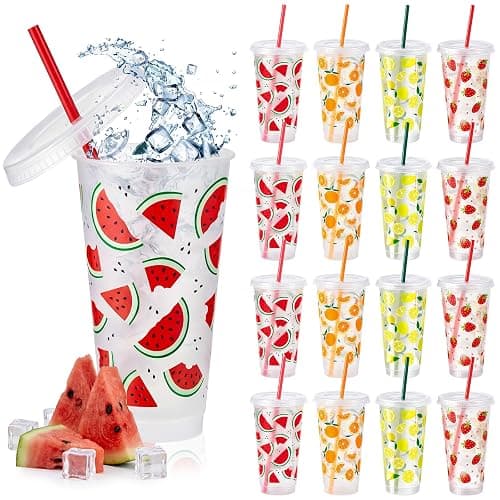 Chuangdi 12 Set 12 Set 24 oz Fruit Reusable Drinking Cups with Lids, Straws | Summer Party Favors Cups, Fruit Plastic Tumblers for Beach Pool Party, Tropical Luau, BBQ, Picnic, Family Gatherings - Image 1