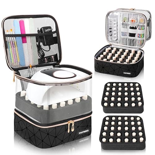 Partreko Clear Nail Polish Organizer Holds 60 Bottles (15ml/0.5fl.oz)& Nail Lamp, Double Layer Nail Supplies Organizer Case Transparent, PU Leather Nail kit Storage Bag for Manicure Tools (Black) - Image 1