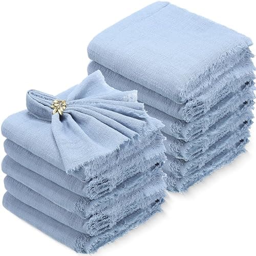 Buryeah 48 Pcs Cotton Linen Cloth Napkins with Fringe 16.5 x 16.5 Inch Square Rustic Dinner Linen Napkins Bulk for Wedding Party Banquet Dinner(Dusty Blue) - Image 1