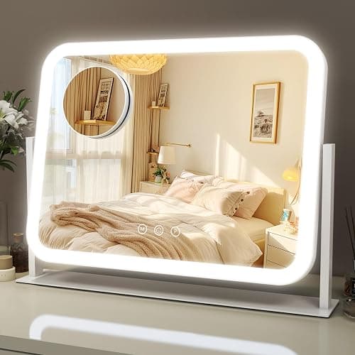 ROLOVE Lighted Makeup Mirror, 17"x13" Vanity Mirror with Lights and 10X Magnification, 3 Color Lighting Modes, Smart Touch Control, 360° Rotation for Bedroom or Tabletop (White) - Image 1