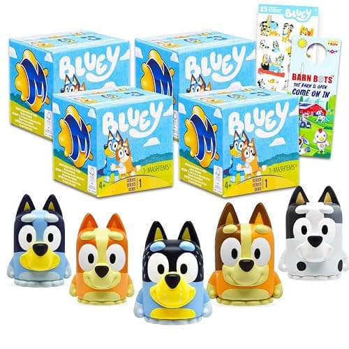 Bluey Blind Box Party Favors - Bundle with 4 Mash'Ems Blind Box Mini Figures Mystery Toys Plus Stickers, More | Bluey Figurines for Kids, Boys, Girls - Image 1
