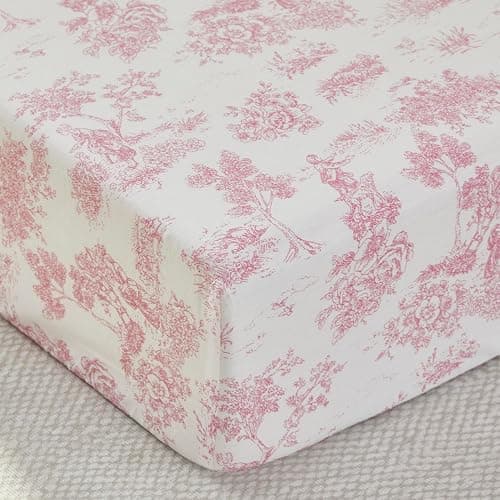 Brandream Baby Crib Sheets for Girls Boys, Fitted Crib Sheet for Standard Crib and Toddler Mattress, Super Soft 100% Cotton Baby Sheet French Country Pink Toile Floral Print, Crib/Toddler - Image 1
