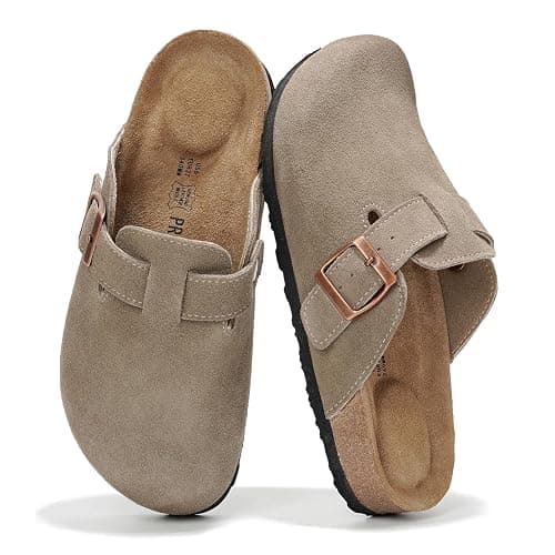 Project Cloud Genuine Leather Footbed Clogs for Women - Memory Foam Arch Support Slippers for Women - Trendy Slip-ons Women's Mules & Clogs Sandals (Benton) - 8.5 Wide - Taupe Suede - Image 1