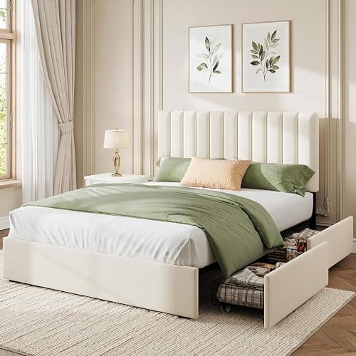 Welzona Queen Velvet Bed Frame with 4 Storage Drawers, Fully Upholstered Metal Platform Bed Frame with Vertical Channel Tufted Headboard, 3-Level Height, Easy Assembly, No Box Spring Needed, White - Image 1