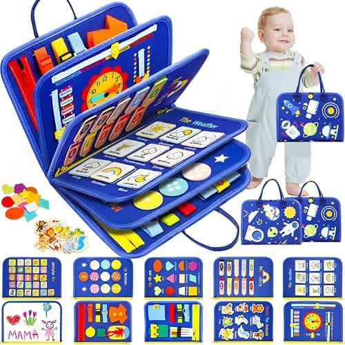 Toddler Busy Board, Montessori Toys for Boys, Sensory Board Birthday Gifts - Educational Busy Book, Learning toys for Toddlers, Preschool Learning Activities and Travel Toys for Airplane Car, Blue - Image 1