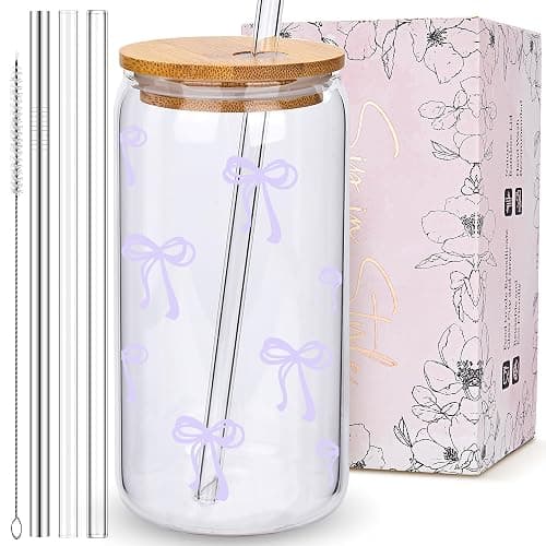 Coquette Cute Lavender Light Purple Bow Glass Cups with Lids and Straws, Aesthetic Iced Coffee Cup Preppy Room Decor, Christmas Valentines Birthday Gifts for Women, Teen Girl Gifts Trendy Stuff - Image 1