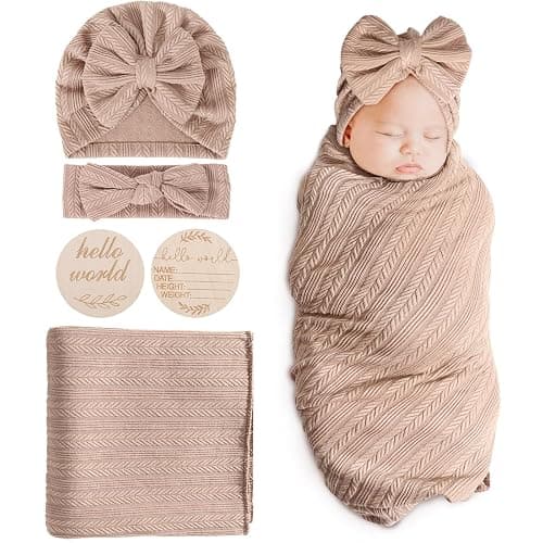 DRESHOW Newborn Baby Blanket Soft Swaddle Blankets for Infant Swaddling Receiving Warm Wraps with Bow Hat Headband - 1 Set: Birth Announcement Card + Hat + Hairband + Blanket (Coffee) - Image 1