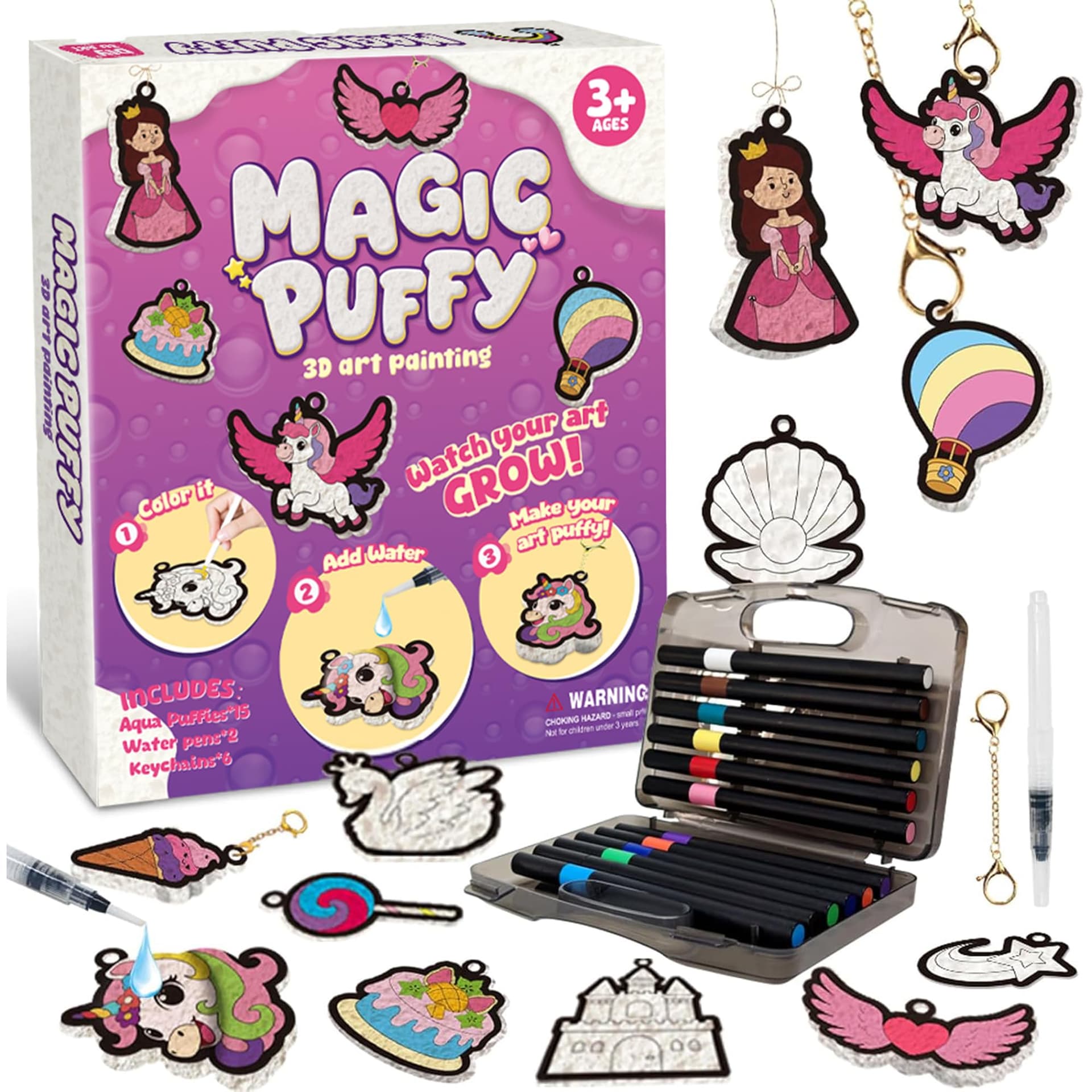 Magic Puffy Paint 3D Foam Art Kit for Kids, Princess Castle DIY Craft Set with Puffy Paints, Creative Texture Painting Educational Toy, Non-Toxic Art Supplies, Birthday & Christmas Home Decorating - Image 1