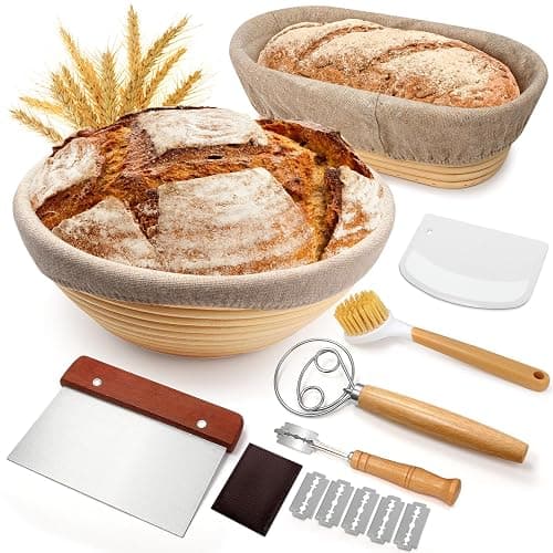Sourdough Proofing Basket Gift Set, 9" Round and 10" Oval Banneton Bread Baking Supplies, Sourdough Baskets with Bread Lame, Danish Whish, Bowl Scraper, Sourdough Scraper, and Linen Liners - Image 1