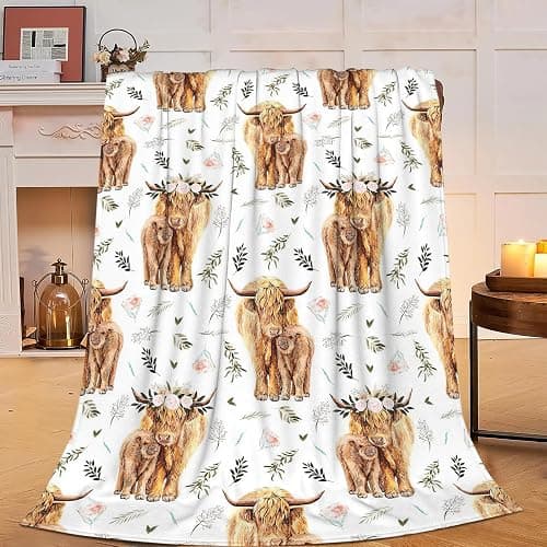 Highland Cow Print Blanket 50x60inch Farm Animal Cow Gifts Throw Blankets Soft Cozy Fleece Plush Warm Flannel Bedding Blanket for Girls Kids Adults Couch Travel - Highland Cow - 50x60in - Image 1