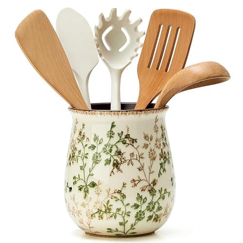 Utensil Holder for Kitchen Counter, Modern Nordic Boho Style Cooking Utensil Holder and Crock Home Kitchen Decor, Ceramic Utensil Organizer for Spatula, Ladle, Eggbeater, Rolling Pin- Green and Beige - Image 1