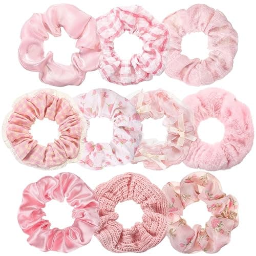 Yuxung 10 Pcs Hair Scrunchies for Women Satin Silk Scrunchies Fluffy Fuzzy Flower Plaid Bubble Hairties Bulk Elastic Hair Accessories for Women Gift - Image 1