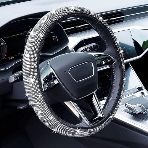 Limsas Bling Rhinestone Steering Wheel Cover with Crystal Diamond for Women, Sparkling Car Wheel Protector Universal Fit 14-15 inches - White - Image 1