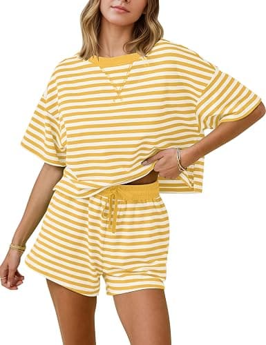 MISSACTIVER Womens Lounge 2 Piece Sets Summer Striped Matching Pajamas Set Short Sleeve Oversized T Shirts Drawstring Shorts - Image 1