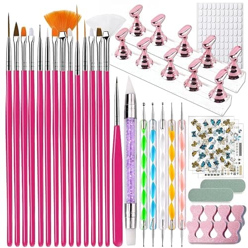 Nail Art Tools Set, 15 Nail Art Brushes 6 Nail Dotting Tool 3 Nail Stickers 2nail buffer 2 toe separator with Nail Stand Holder for Nail Tech & Beginners Nail Art Supplies Kit (Pink) - Image 1
