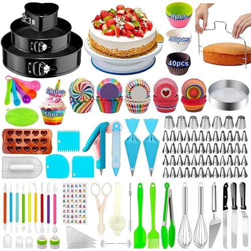 (Auris) Cake Decorating Supplies,493 PCS Cake Decorating Kit 3 Packs Springform Cake Pans, Cake Rotating Turntable,48 Piping Icing Tips,7 Russian Nozzles, Baking Supplies,Cupcake Decorating Kit, Multicolor - Image 1