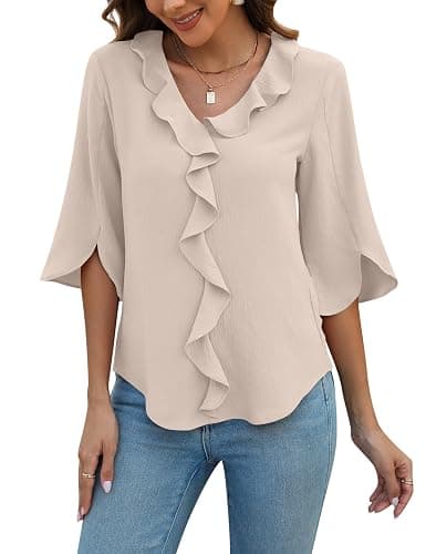 Blooming Jelly Womens Dressy Casual Blouses 3/4 Sleeve V Neck Ruffle Tops Business Ladies Summer Trendy Fashion Work Shirt - Image 1