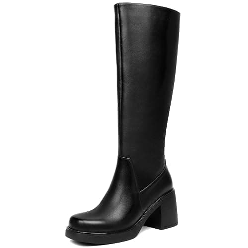 HEIFIN Knee High Boots for Women Square Toe Tall Boots Chunky Heeled Fashion High Boots with Side Zipper - Image 1