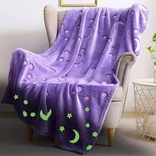 AUIVTY Glow in The Dark Blanket for Girls Birthday Purple Pink Moon Star Soft Throw Blanket for Kids Toddler Teen Girls Women (Purple, 40x60 inch, Moon Star) - Image 1