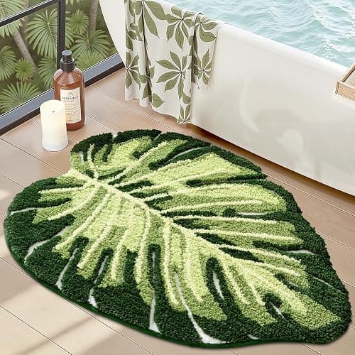 LUMI Cute Bathroom Rugs with Green Leaf Plant, Soft, Fluffy, Plush, Absorbent, Quick Dry, Non Slip, Machine Washable for Shower Floor, Bathroom, Bedroom,Kids Room, 23.5"x31.5", Monstera - Image 1
