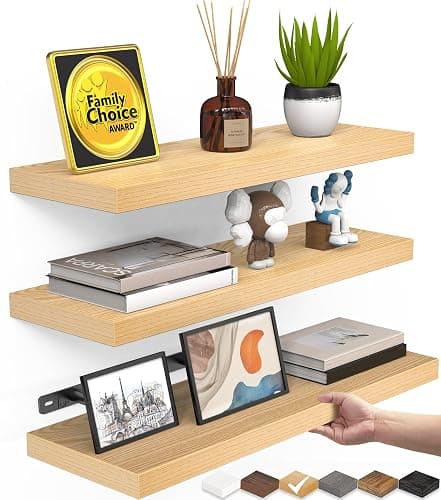 BAYKA Floating Shelves for Wall, Wall Mounted Rustic Wood Shelves for Bathroom, Bedroom, Living Room, Kitchen,Small Hanging Shelf for Books/Storage/Room Decor (Light Oak-Toned, Set of 3, 15.7in) - Image 1