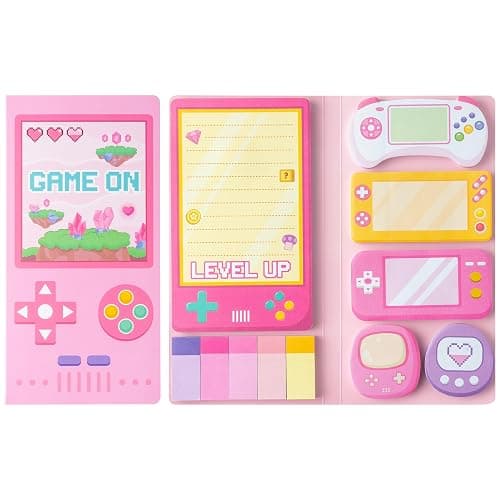B1ykin Sticky Notes Set, Cartoon Theme Cute Self-Stick Notes Pad Teacher Appreciation Gifts, Self-Adhesive Writing Memo Pages Sticky to Do Notepad for Employee School Office (Pink Video Game) - Image 1