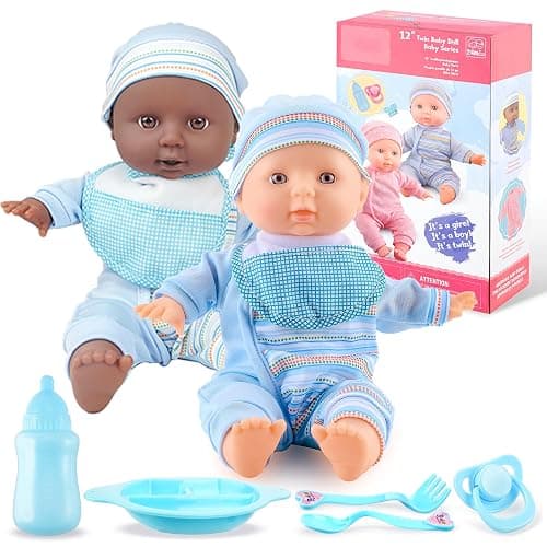 Toy Choi's Twin Baby Dolls 12 inch Soft Body Black and White Doll Set, Babydoll Playset with Rompers, Hat, Pacifier and Doll Bibs, Gifts Toys Toddlers Kids Boys and Girls | Blue Outfit Doll Set - Image 1