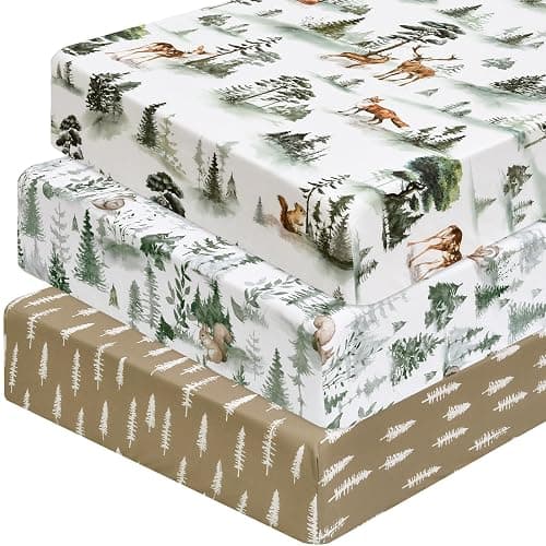 PHF 3 Pack Soft Woodland Crib Sheets Fitted, Silky Comfy Breathable Baby Sheets for Boys Girls Neutral, 28x52 Inches Fits Standard Crib and Toddler Mattresses, Woodland - Image 1