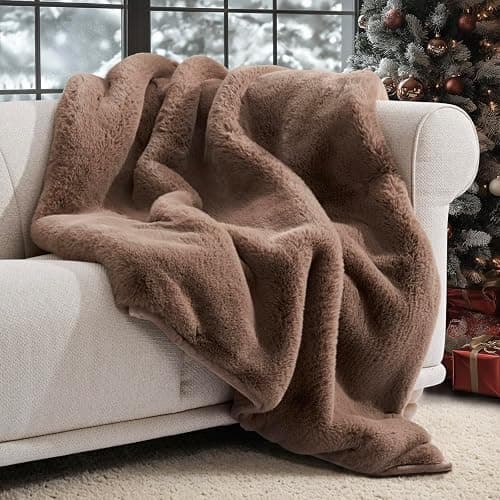 EVERGRACEHOME Luxury Soft Faux Chinchilla Fur Throw Blanket for Couch, Warm Thick Heavy Winter Throw Blanket 1220GSM for Bed, Fluffy Cozy Mink Blanket with Reversible Velvet, Tawny Mink, 60"x80" - Image 1