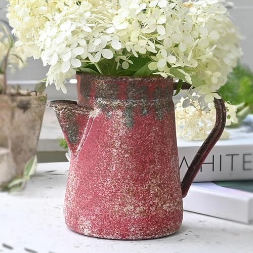 Z² BellaDecor Vintage Pitcher Vase Rustic Farmhouse Vase for Flowers Vintage Metal Milk Jug Small Decorative Pitcher Shabby Chic Decor for Home, Kitchen, Bathroom, Red - Image 1
