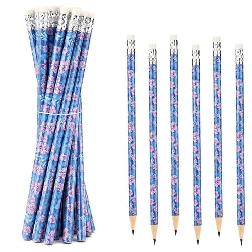 SAVITA 20pcs Cartoon Blue Pencils with Floral & Leaf Prints, Hawaiian Themed Wooden Pencils with Eraser Hawaii Themed Party Supplies for Classroom School Office - Image 1
