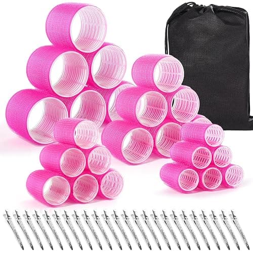 shynek Hair Rollers 48 Pcs Set, 24Pcs Hair Rollers 4 Sizes and 24 Pcs Hair Clips for Long Medium Short Hair (Pink) - Image 1