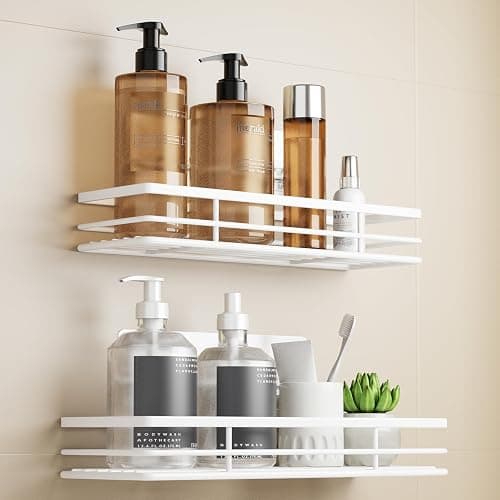 saffruff Shower Shelf No Drilling Pack of 2 Shower Shelves Shower Basket Bathroom Organiser Bathroom Shelf Shampoo Holder Shower Kitchen Bathroom Organiser with 2 Adhesive Surfaces - Image 1