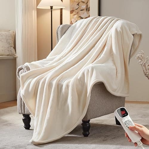 BEARKISS Electric Heated Blanket,50"x60" Heating Throw Flannel Cream | ETL Certified 9 Setting Electric Heated Throw Blanket,Machine Washable Auto Off for couch Bed Office, Gifts for Women Grandpa - Image 1