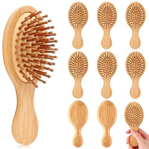 FoldTier 10 Pack Mini Bamboo Hair Brush Bulk Pocket Travel Small Hairbrush Massage Scalp Detangling Brush for Valentine Gifts Bulk Bridesmaid Party Favors (Oval) - Image 1