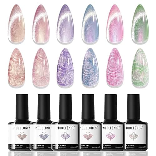 modelones Cat Eye Gel Nail Polish, 6 Colors Shimmer Pearl Magnetic Nail Drawing Set with Magnet, Iridescent Mermaid Swirl Shell Thread Purple Pink Blue Glitter, DIY Manicure Gift for Women Girl - Image 1