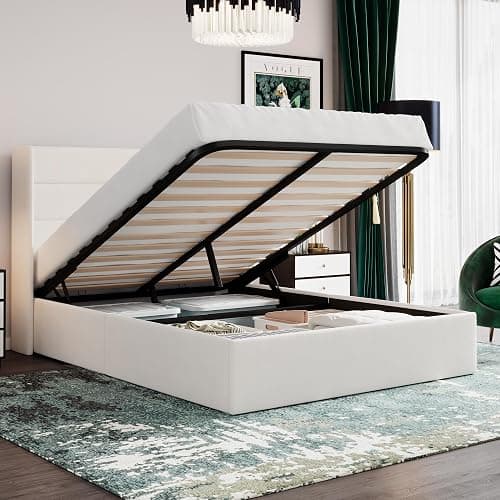 SHA CERLIN Queen Size Lift Up Storage Bed/Velvet Upholstered/Modern Wingback Headboard/Upholstered Platform Bed Frame/Hydraulic Storage/No Box Spring Needed/White - Image 1