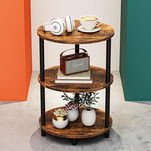 RISWER Small Round Side Table - 3-Tier Oval Accent Table for Small Spaces, Rustic Wood and Metal Couch End Table, Nightstand for Bedroom or End Table Living Room, Easy to Assemble, Rustic Brown - 1-Pack - Without Power Outlets - Rustic Brown - Image 1