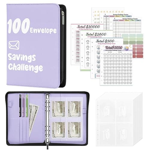 Ospelelf Money Saving Binder Savings Challenge Book with 100 Envelopes Zipper Closure Leather 52 Weeks Budget Planner to Save $10000 $5050 Purple - Image 1