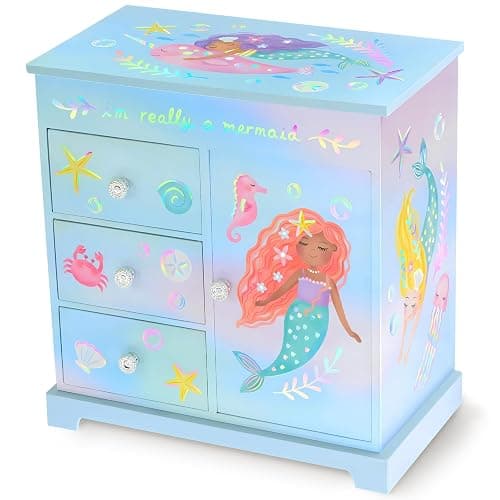 Mermaid Musical Jewelry Box for Girls - Kids Music Box with Drawers, Mermaid Mermaid Gifts for Girls, Mermaid Jewelry Boxes for Ages 3-10 - 9 x 5 x 9.3 in, Blue - Image 1