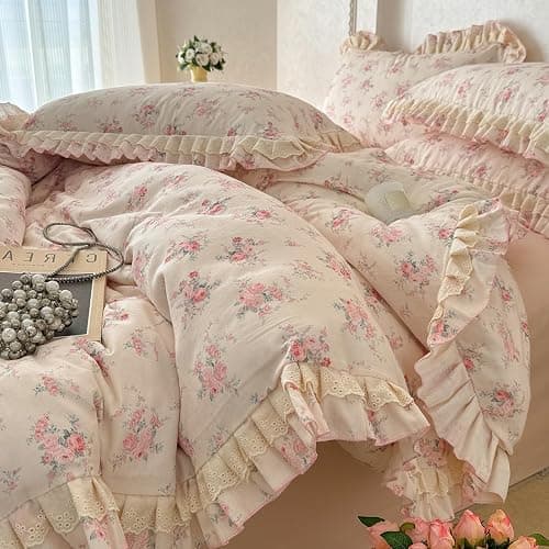 VM VOUGEMARKET Pink Rose Flower Duvet Cover Set Queen Romantic Lace Ruffled Bedding Set Soft Muslin Cotton,Breathable Linen Like Gauze Comforter Cover with Zipper Closure 90"x90" - Image 1
