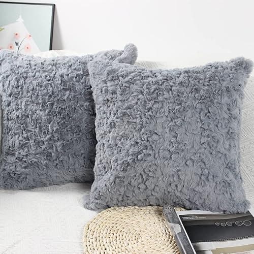 NIULAA Set of 2 Faux Fur Cushion Covers 45x45 cm Grey Decorative Pillow Covers 18x18 Inches Soft Fluffy Plush Decorative Cushion Cover for Sofa Bedroom Pillow Shell - Image 1