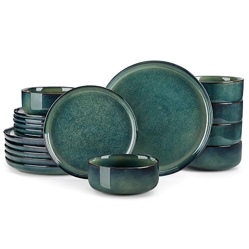 vancasso Starry 18 Pieces Dinnerware Sets for 6, Green Reactive Glaze Dishes Sets, Ceramic Plates and Bowls Set, Dinner Salad Dessert Plates, and Cereal Bowls Set, Dishwasher and Microwave Safe - Image 1